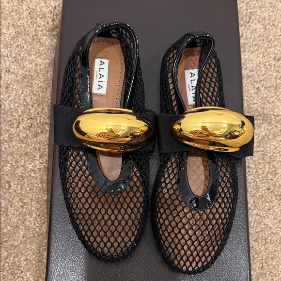 Alaia Shoes - Alaïa Black Mesh Flats Gold Sculptural Buckle EU 37 | Worn Once | Authentic